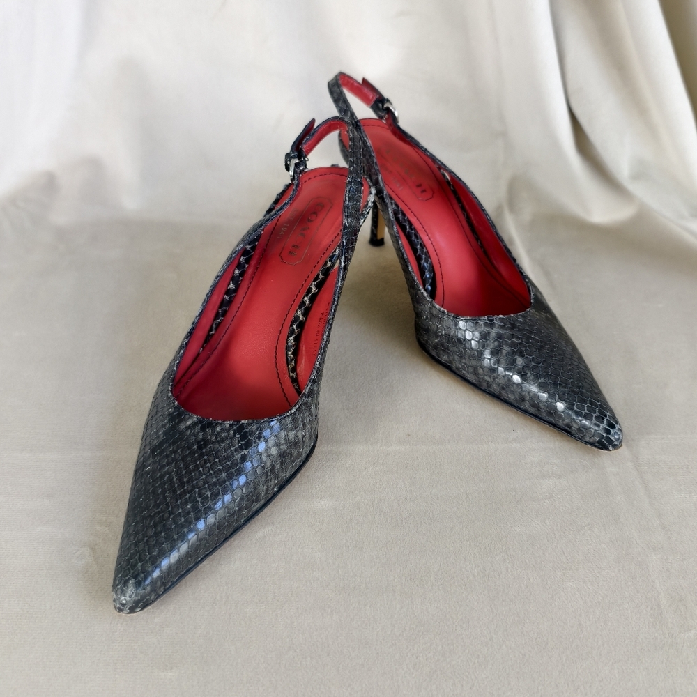 Coach Elegant Gray Snakeskin Pointed Toe Slingback Heels